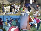 5 7 Cleaning, Cooking, Dining Tent, Morning Tea I strolled over and peaked into the kitchen, which consisted of two tents joined together, and was pleasantly surprised at how clean they kept everything. All cooking utensils, pots and pans, and dishes and cutlery were meticulously washed. Pots were soon filled with soup, vegetables and hot water and cooked over two propane stoves. The large blue mess tent was quite spacious with small metal fold-up chairs for us to sit on and three fold-up tables joined together with a tatty flowery plastic tablecloth on top. We ate our dinner together in our mess tent followed by Kumar describing the next days activities. In the morning, Rajin woke everybody by delivering nice warm tea to their tents, followed by hot washing water.